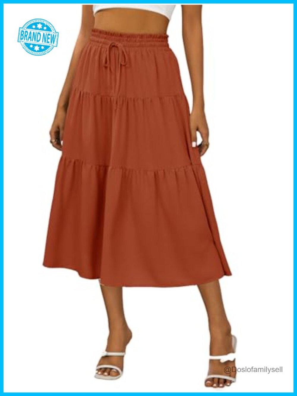 Womens Boho Midi Skirt A-Line High Waist Tiered Ruffle Hem Casual